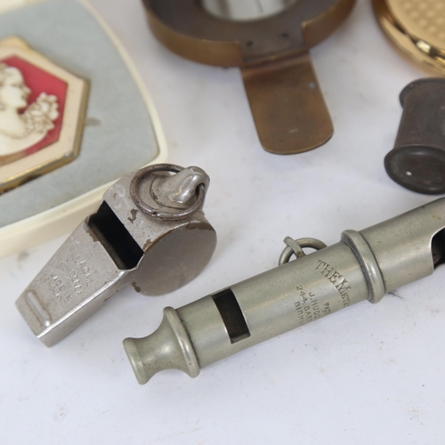 147 - A Second World War Period Mark III compass, Metropolitan Police whistle, compacts etc