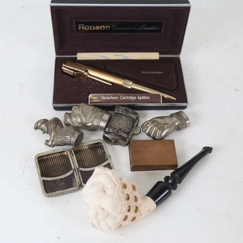 150 - Novelty figural nickel Vesta cases, Meerschaum pipe, and Ronson Varachem penliter