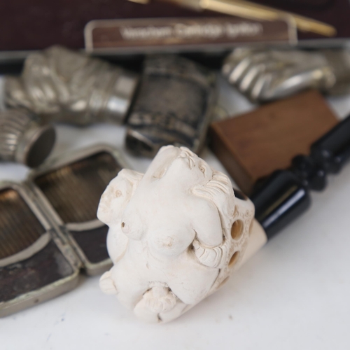 150 - Novelty figural nickel Vesta cases, Meerschaum pipe, and Ronson Varachem penliter