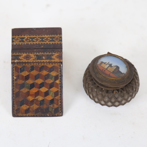 165 - A miniature Tunbridge Ware micro-mosaic parquetry box and cover, and a miniature opaline glass patch... 