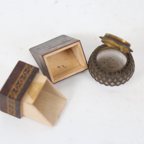 165 - A miniature Tunbridge Ware micro-mosaic parquetry box and cover, and a miniature opaline glass patch... 