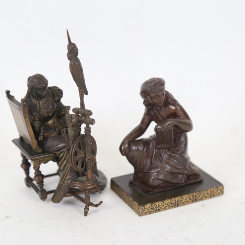 166 - A patinated bronze sculpture, woman at a spinning wheel, unsigned, height 13cm, and a bronze Classic... 