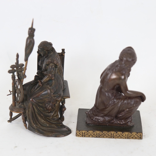 166 - A patinated bronze sculpture, woman at a spinning wheel, unsigned, height 13cm, and a bronze Classic... 