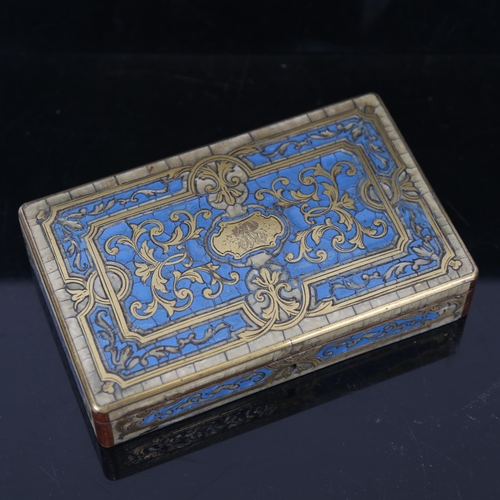 169 - A 19th century brass marquetry and enamel inlaid sewing case, with fitted interior and accoutrements... 