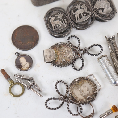 178 - Egyptian unmarked silver filigree panel bracelet, Victoria coin buckle, propelling pencils etc