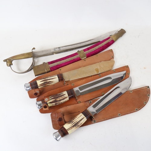 180 - 3 Vintage staghorn-handled bowie knives and sheaths, and a Persian curved short sword (4)