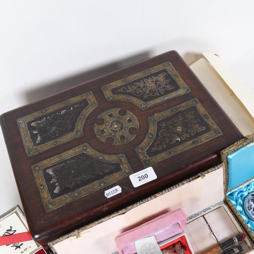 200 - A 19th century brass-bound rosewood sewing box, containing Chinese calligraphy items, including brus... 