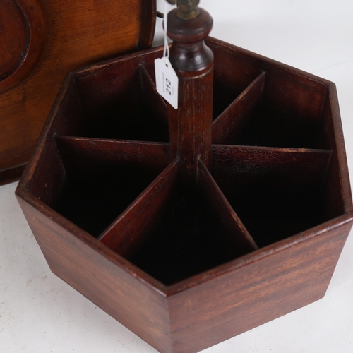 212 - A 19th century mahogany 6-section bottle carrier, and a similar circular tea tray, diameter 43cm (2)