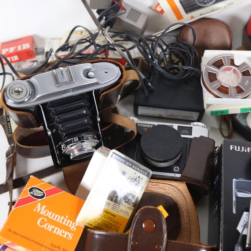 236 - Various Vintage cameras and equipment, including desk top stereo microphone etc (boxful)