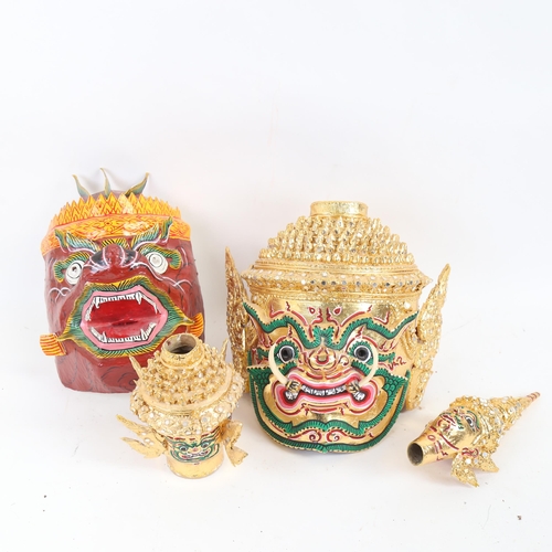 85 - 2 modern Balinese papier mache spirit masks, and another jewelled gilded figure (3)