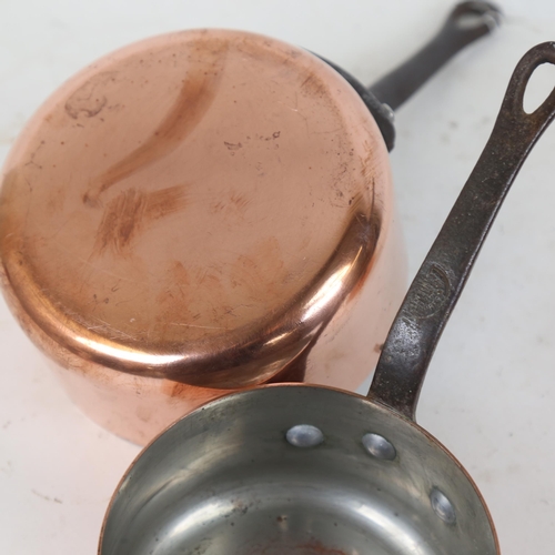 267 - 3 Antique Tupperware copper cooking saucepans, with cast-iron handles