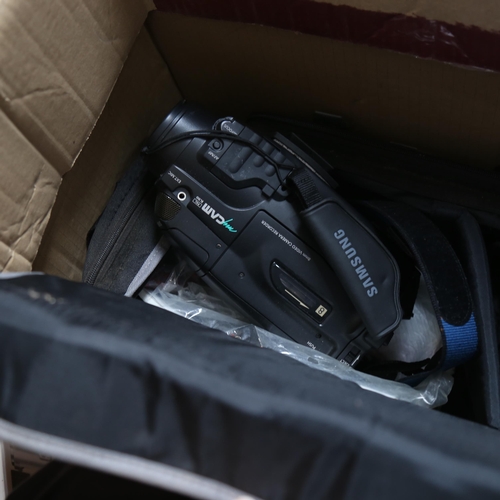 296 - A quantity of camcorders and accessories, including Samsung and JVC (boxful)