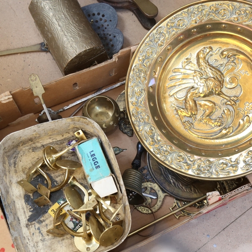 312 - Various brass items, including large griffon communion charger, casket, bellows etc (boxful)