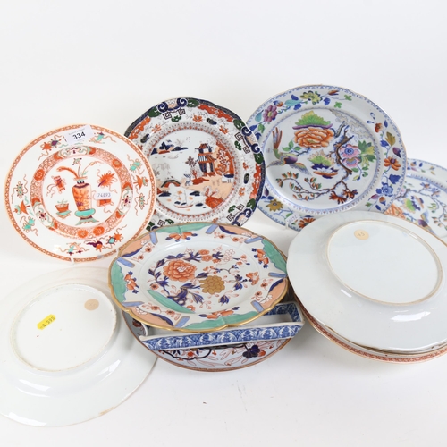 334 - An 18th century English blue and white ceramic pen tray, and various porcelain plates