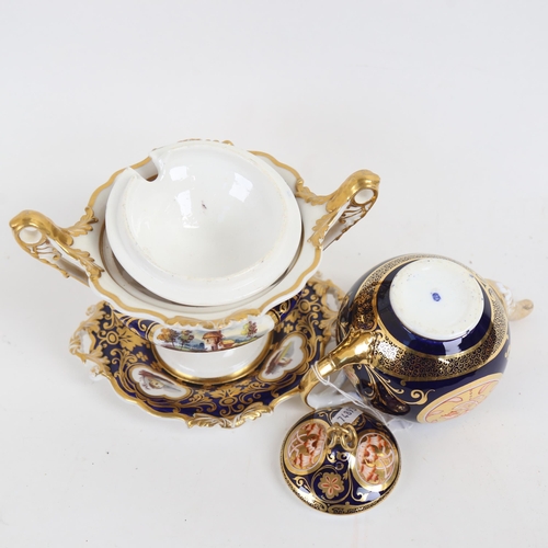 336 - 19th century hand painted and gilded porcelain 2-handled sugar bowl on stand, and a similar blue gro... 