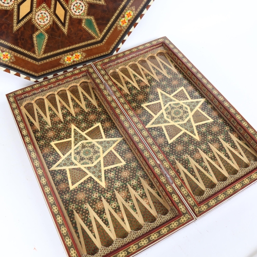 359 - Moorish folding games box, and similar 2-handled tea tray (2)