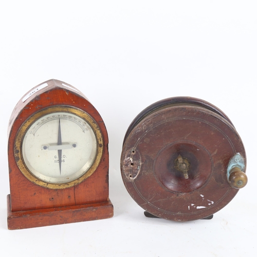 361 - A large brass-mounted turned wood fishing reel, and a Vintage GPO galvanometer (2)