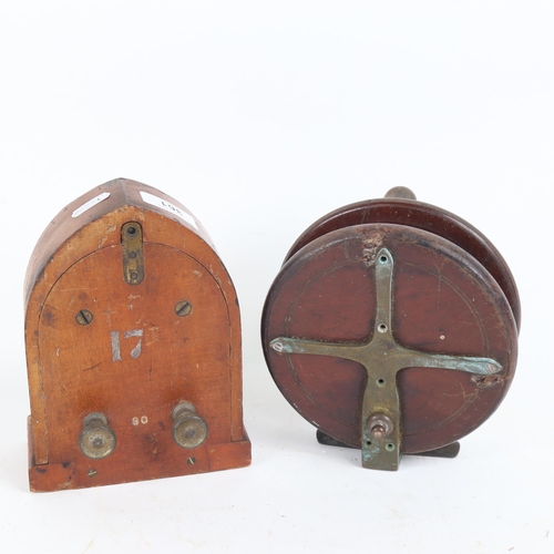 361 - A large brass-mounted turned wood fishing reel, and a Vintage GPO galvanometer (2)