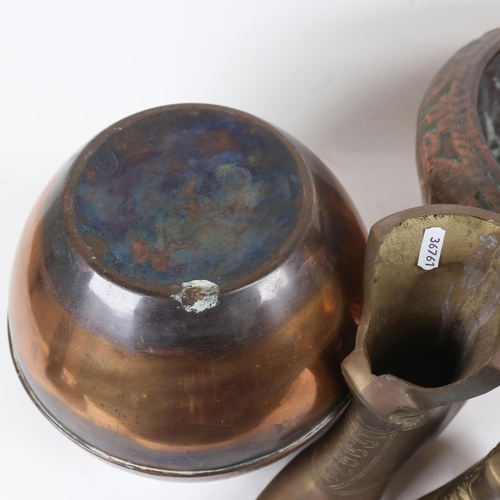 364 - Middle Eastern copper jardiniere, a similar British copper jardiniere, and 2 brass fireside boots (4... 