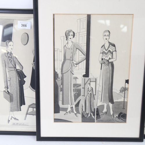 366 - S Sione, set of 3 pen ink and wash drawings, Art Deco fashion studies, signed, framed, image 34cm x ... 