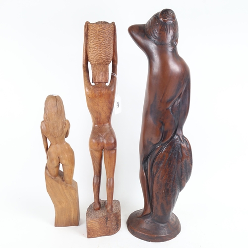 368 - 2 carved wood nude sculptures, and a large plaster sculpture, height 56cm (3)