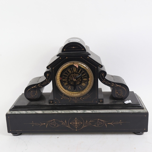 391 - A large gilded black slate and marble 30-hour mantel clock, case height 31cm