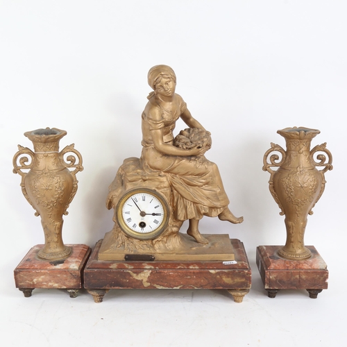 395 - A French red veined marble and gilded spelter figural 3-piece clock garniture, case height 42cm