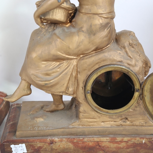 395 - A French red veined marble and gilded spelter figural 3-piece clock garniture, case height 42cm