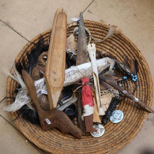 415 - Various African Tribal items, including ceremonial mask, ritual dolls, wicker basket, spear tip etc