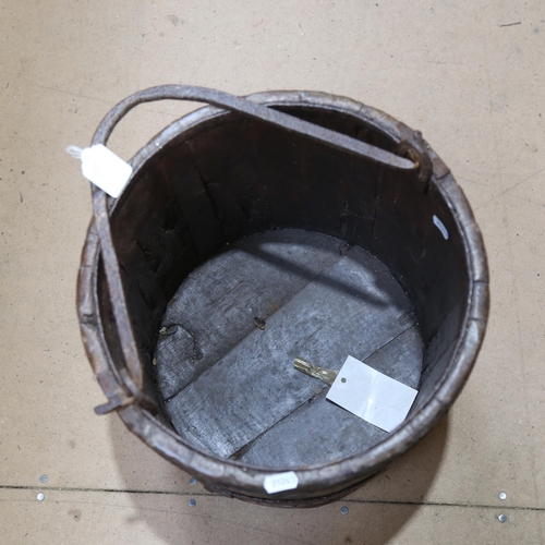 424 - An Antique coopered oak well bucket, with wrought-iron strapwork, height 30cm