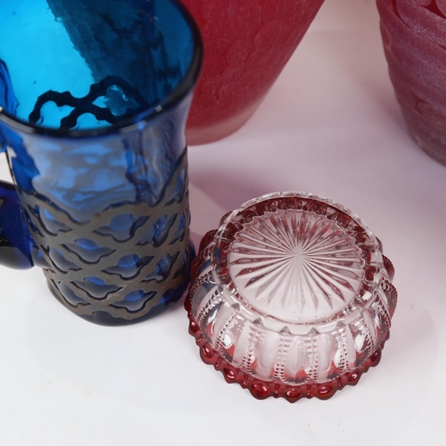 441 - Art glass amethyst decanter and stopper, 43cm, a metal-clad blue glass mug, 2 red glass vases etc