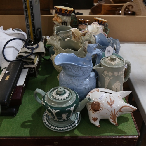 480 - Victorian moulded jugs, gurgle fish jug, David Sharp piggy bank, and 3 Shorters Father Neptune jugs,... 