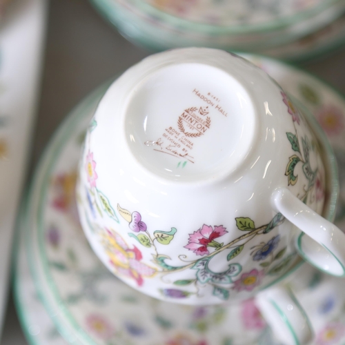 485 - Minton Haddon Hall tea service, including tea pot, sandwich plate, fruit bowl etc