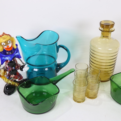 505 - Whitefriars decanter, 23cm, 5 matching glasses, jug, Murano type clown etc