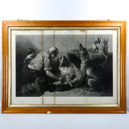 1385 - W T Davey after Richard Ansdell, engraving, the wounded hound, image 55cm x 86cm, maple-framed