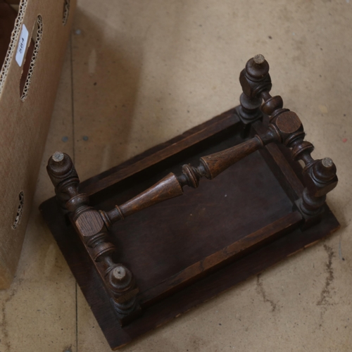 584 - A carved oak stool, length 30cm, an Art glass table centre etc