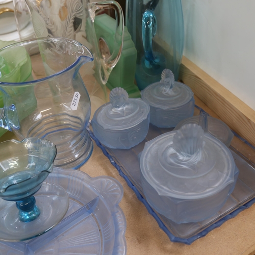 587 - 1930s glass table centre, jugs, clock, dressing table items etc