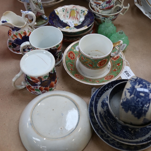 589 - Early 19th century teaware, pearlware saucers, Derby coffee can and saucer etc