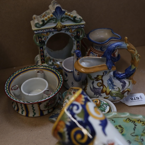 606 - European faience pottery, including a clock case, sundial plaque etc