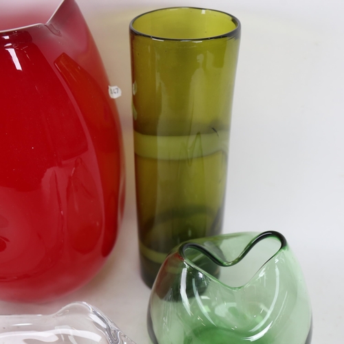 614 - Green banded Art glass vase, 31cm, 2 others, and a free-form Art glass dish