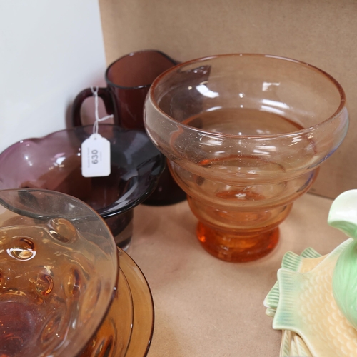 630 - Whitefriars glass bowls, amethyst jug, height 17cm etc