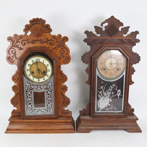 638 - 3 carved wood-cased ginger bread clocks, with 2 train movements, tallest 59cm, with 8-day movements