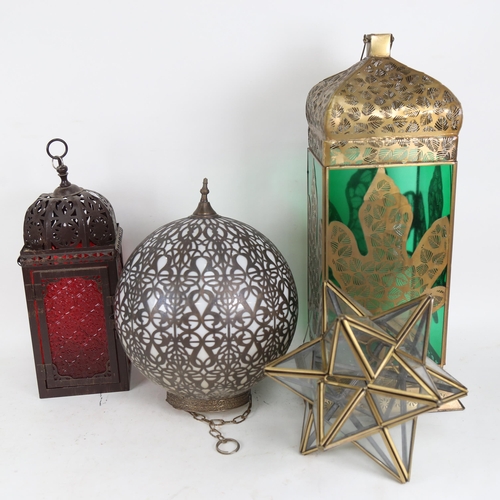 669 - A Moroccan style lantern with green glass panels, 48cm, and 3 other lanterns