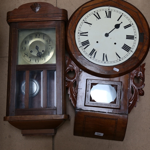 690 - 3 wooden-cased wall clocks