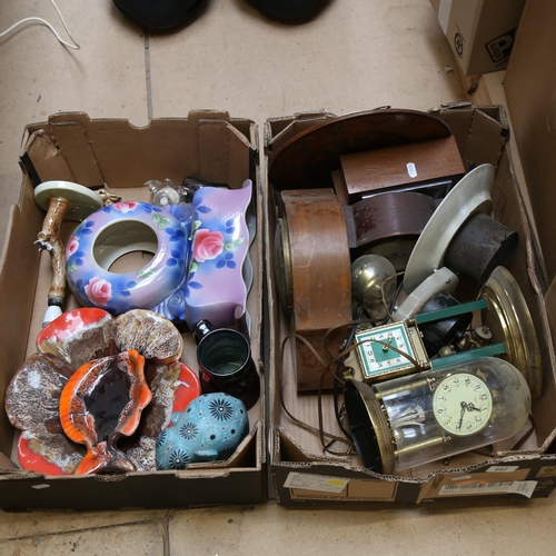 692 - A box of various clocks, and ceramic clock case etc