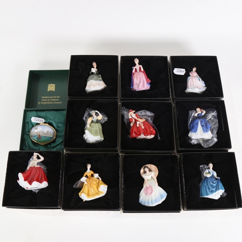 739 - 10 Royal Doulton miniature porcelain lady figures, boxed, and Staffordshire enamel pillbox