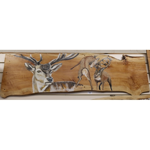 746 - Clive Fredriksson, hand painted wood plank, stags, signed, 36cm x 132cm