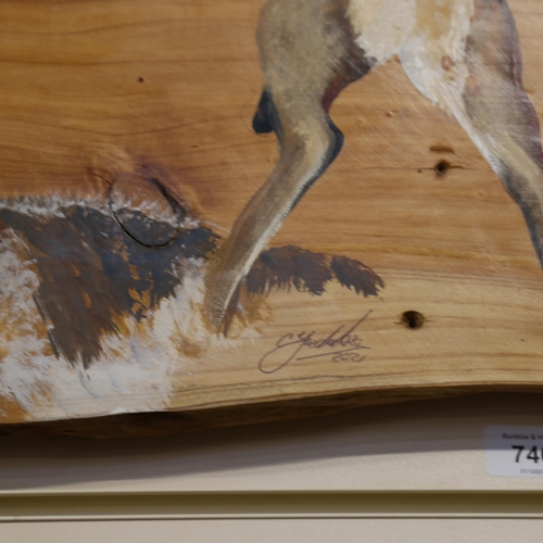 746 - Clive Fredriksson, hand painted wood plank, stags, signed, 36cm x 132cm