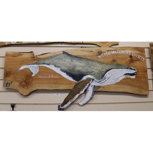 747 - Clive Fredriksson, hand painted wood plank, humpback whales, signed, 40cm x 125cm