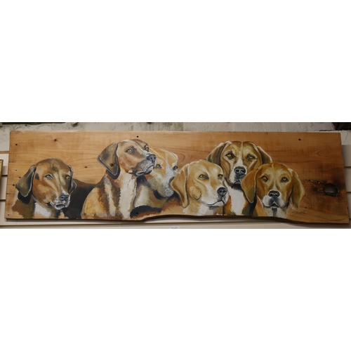 748 - Clive Fredriksson, hand painted wood plank, hunt dogs, signed, 35cm x 125cm